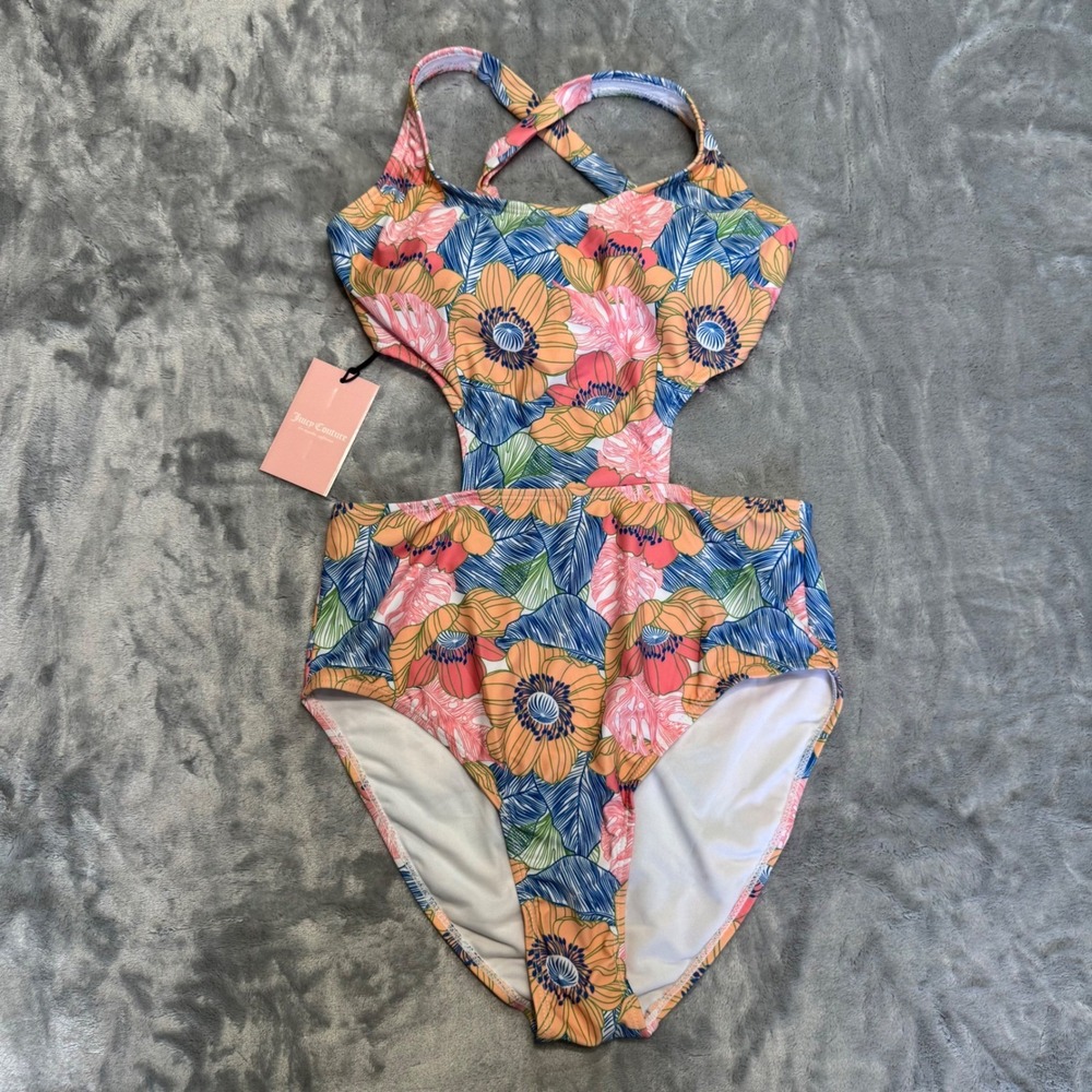 Juicy Couture Pink Floral Cutout Monokini One Piece Swimsuit Size Large NEW